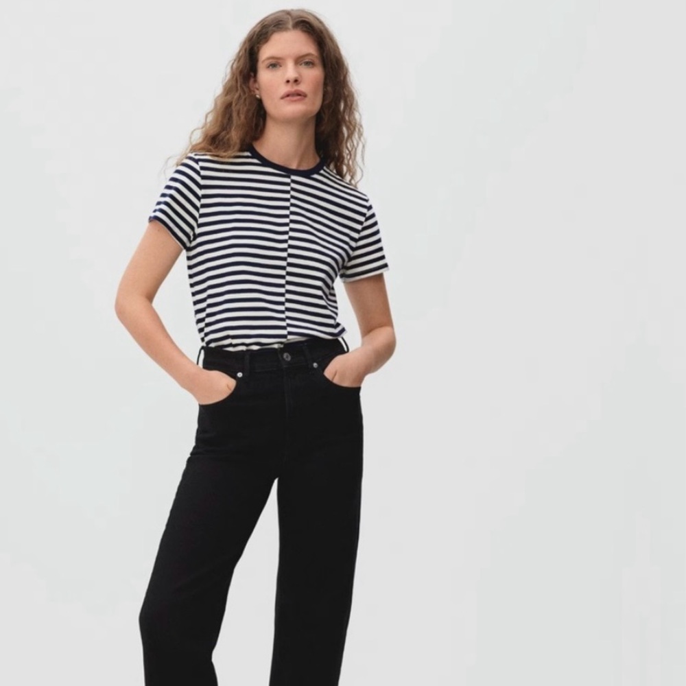 Everlane Organic Cotton Box-Cut Tee, Striped Navy & White, Split/Seam Front, L